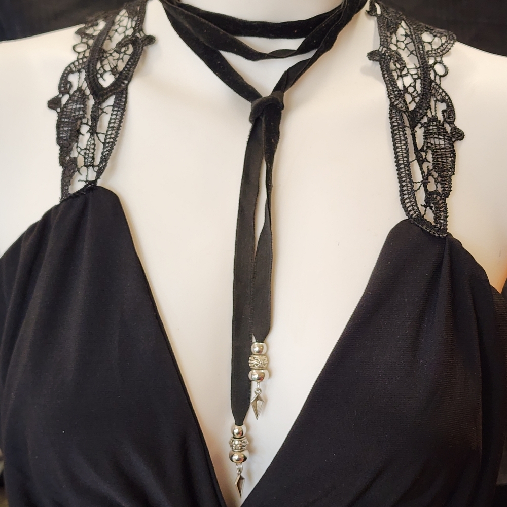 Black Velvety Boho Wrap Choker Necklace With Silver Toned Beads